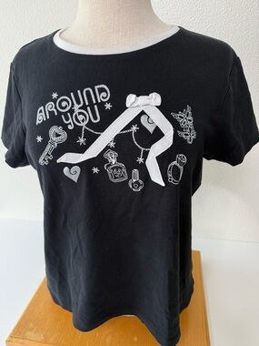 Vintage Bossini Y2K Coquette Ribbed Graphic Tee Black XXL “Around You” W/ Ribbon